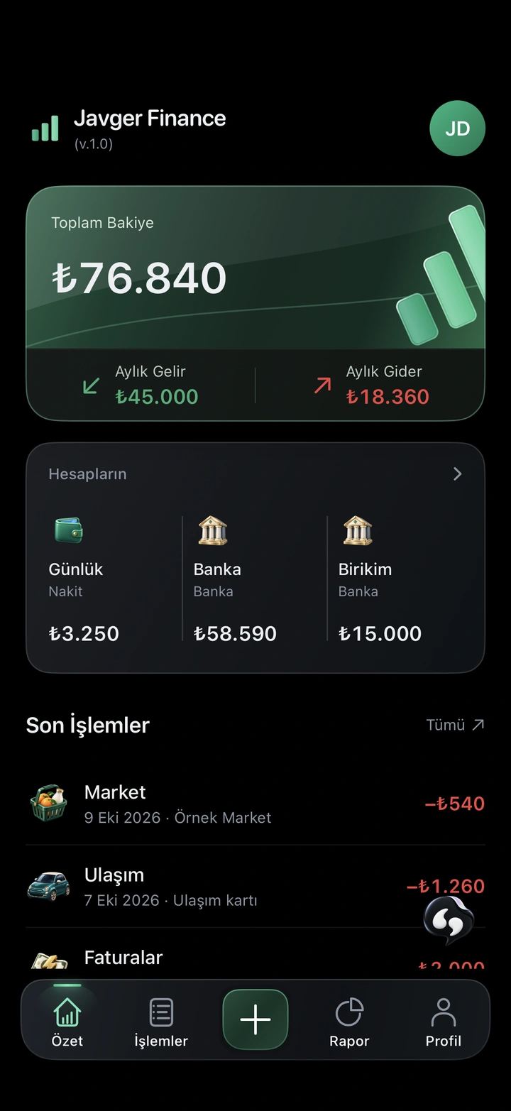 Javger Finance Özet ekranı. Örnek veriler.